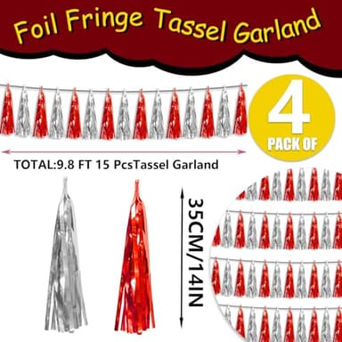 4P Red Silver Foil Fringe Metallic Tassel Streamers Banner Tassel Garland for Parade Floats, Graduation, Wedding, Birthday, Halloween, Christmas, Bridal/Baby Shower Party Decorations - Image 2