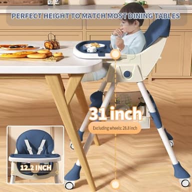 High Chairs for Babies and Toddlers, 4 in 1 Convertible Baby High Chair, Portable High Chair for Travel with Adjustable Height and Back, Foldable HighChair with Wheels& Pu Cushion - Image 6