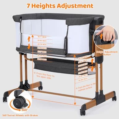 Ezebaby 3-in-1 Baby Bassinet, Rocking Baby Bassinets Bedside Sleeper, Adjustable Portable Crib for Newborn Infant with Wheels Storage Basket and Mesh Sides - Image 7