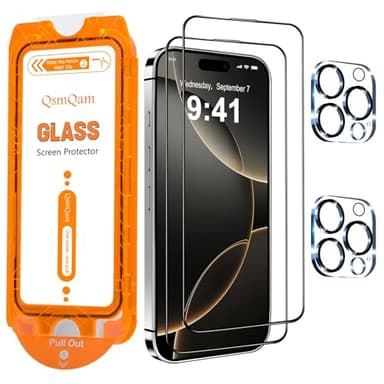 QsmQam for iPhone 16 Pro Max Screen Protector + Camera Lens Protector, [Military Grade Shatterproof], Ultra Top 9H+ Tempered Glass, Full Coverage Screen, with Automatic Dust Removal [2+2 Pack] - Image 1