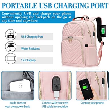 Kuosdaz Laptop Backpack for Women, Large School Backpacks for Girls,17.3 Inch Fashion Quilted College Bookbags with USB Charger, Pink Womens Travel Backpack - Image 3