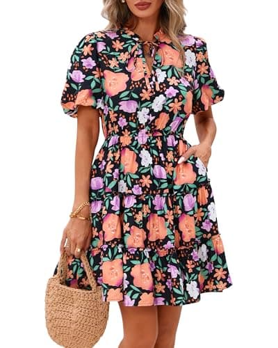 BTFBM Women Summer Floral Short Dresses V Neck Short Sleeve Tiered Ruffle Boho Swing Dress A-Line Mini Dresses(Black Orange Yellow Floral,Small) - Image 1