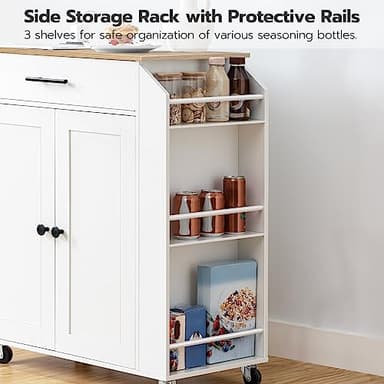HOOBRO Kitchen Island with Power Outlet, Kitchen Storage Island with Spice Rack and Drawer, Rolling Kitchen on Wheels, for Home, Dining Room, Natural and White - Image 7