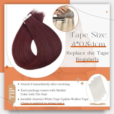Full Shine Hair Extensions Wine Red 99J Tape in Hair Extensions Human Hair 22Inch Tape in Extensions Invisible Human Hair Extension Burgundy Seamless Skin Weft Hair 50Gram 20Pcs Remy for Women - Image 4