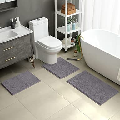 HOMEIDEAS 3 Pieces Bathroom Rugs, Ultra Soft Non Slip Absorbent Chenille Toilet Bath Mat Set (Grey,17"x24"+20"x32"+U Shape 20"x24") - Image 2