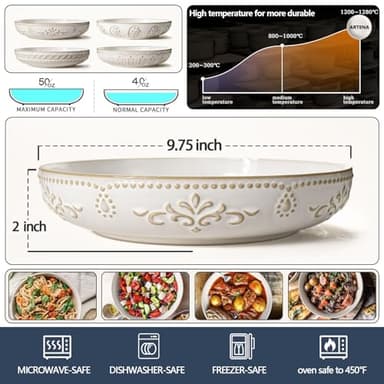 Artena Pasta Bowls, 50oz Large Salad Serving Bowls, 9.75'' Plates Bowls Set of 4, Big White Ceramic Soup Bowls for Kitchen, Embossment Shallow Dinner Bowl, Microwave Dishwasher Safe, Multiple Patterns - Image 2