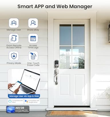 Veise VE07-H Fingerprint Smart Locks for Front Door with Handle Set, App Control, Keyless Entry Keypad Deadbolt, Digital Electronic Touchscreen, Easy Install, Auto Lock, Satin Nickel - Image 4