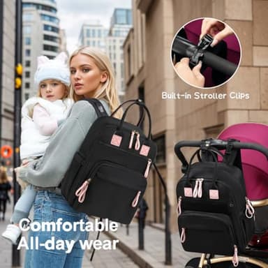 LORADI 18 Pockets Large Diaper Bag Backpack with Waterproof Pockets and Stroller Buckle, Convertible Baby Bag (Black, Large) - Image 7