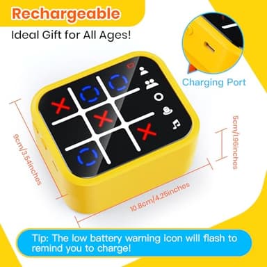 Focfundier Rechargeable Tic Tac Toe Game Box, Upgraded 5 Fun Brain and Memory Games, Compact Handheld Game Console, Portable Puzzle Travel Game Ideal Gifts for All Ages 3+ (Yellow) - Image 4