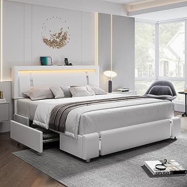 Keyluv King Size Bed Frame with RGB LED Lights & 2 Storage Drawers, Modern Upholstered Platform Bed with Iron Metal Decor, USB Charging Ports, White - Image 1
