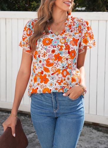 SHEWIN Summer Tops for Women Trendy Fashion Floral Petal Sleeve Loose Fit Blouses for Women Dressy Casual Orange X-Large - Image 7