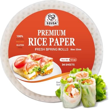52USA Rice Paper, 1 Pack, Rice Paper Wrappers, Fresh Spring Roll Wrappers & Dumplings-34 Sheets, Gluten-Free Wonton Wrappers, Vegan, Low Carb, Vietnamese Rice Wraps (Round, 22cm) - Image 1