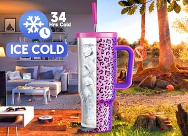 Meoky 40 oz Tumbler with Handle and Straw, Tumbler with Lid and Straw, Insulated Stainless Steel Travel Mug, 100% Leak-proof, Keeps Cold for 34 Hours or Hot for 10 Hours (Celebration) - Image 2