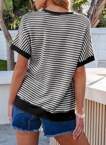 EVALESS Tops for Women 2025 Casual Waffle Knit Crewneck Short Sleeve Spring Summer Tops Trendy Color Block Striped T Shirts Loose Fit Tee Side Split Tunic Tops Black Large - Image 5