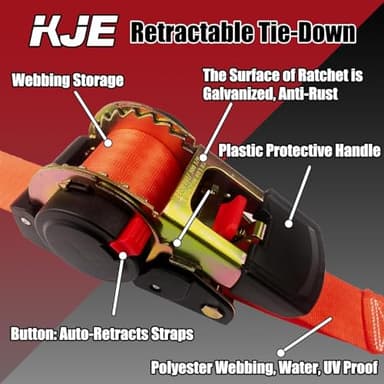 KJE Retractable Ratchet Tie Down Straps (2Pack), 2" x 10' Heavy Duty - 3,310lb Max Break Strength, Upgrade S-Hook with Clip, Self Retracting Ratchet Strap for Motorcycle, Kayak, ATVs, Boats - Image 4