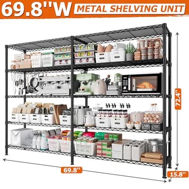 REIBII 1600LBS Storage Shelves 69.8''W Metal Shelving 5 Tier Wire Shelving Unit,Pantry Shelves Kitchen Shelves Adjustable Wire Commercial Shelf for Garage Storage Shelves, 69.8" Wx15.8 Dx72.4 H, Black - Image 3