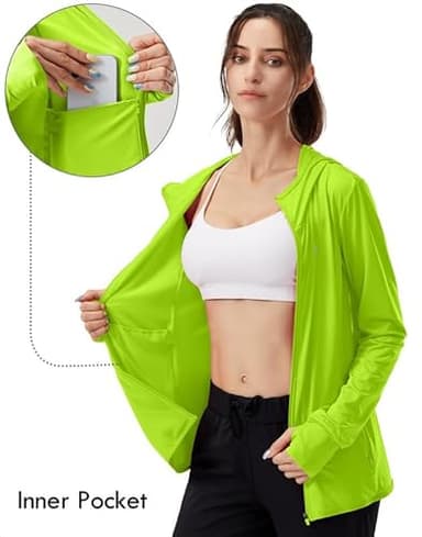 Soothfeel Women's UPF 50+ Sun Protection Hoodie Jacket Lightweight Long Sleeve Sun Shirt for Women with Pocket Hiking Outdoor(Fluorescent Green, Small) - Image 3