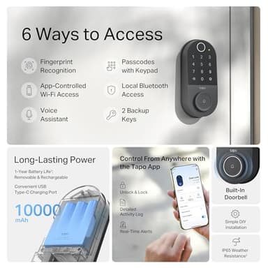 TP-Link Tapo Smart Door Lock, Deadbolt | Keyless Entry, Fingerprint Recognition, Touchscreen Keypad & in-App Monitoring with Scheduled Access | 1-Year Rechargeable Battery | BHMA Grade 2 | Tapo DL110 - Image 2