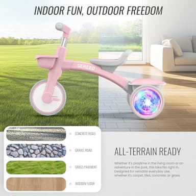 SEREED Colorful Lighting Toddler Tricycle for 2-5 Years Old Girls, Adjustable Seat&Handlebar Trike, Removable Basket, Birthday Gift Idea for Kids Ages 2+ (Pink) - Image 9