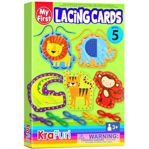 KRAFUN Beginner Preschool Lacing Card Kit for Kids Arts & Crafts, 5 Easy Safari and Animal Lacing Projects, Paper Craft Cards for Toddlers, Fine Motor Skills Training Toys - Image 1