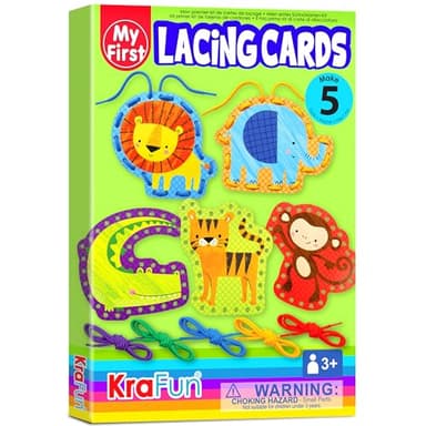 KRAFUN Beginner Preschool Lacing Card Kit for Kids Arts & Crafts, 5 Easy Safari and Animal Lacing Projects, Paper Craft Cards for Toddlers, Fine Motor Skills Training Toys - Image 1