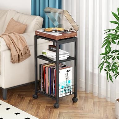 Kalrin Small Side Table, 3 Tier Moveable Small End Table, Record Player Stand with Records Shelf, Tall Nightstand for Bedroom, Living Room, Sofa, Office, Bathroom (Pure Black) - Image 3
