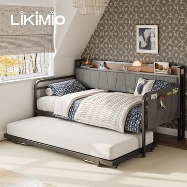 LIKIMIO Daybed with Trundle Bed, Twin Bed Frame with Storage Headboard and Charging Station, Sofa Day Bed with Strong Supports for Living Room, Bedroom, and Guest Room, Grey - Image 9