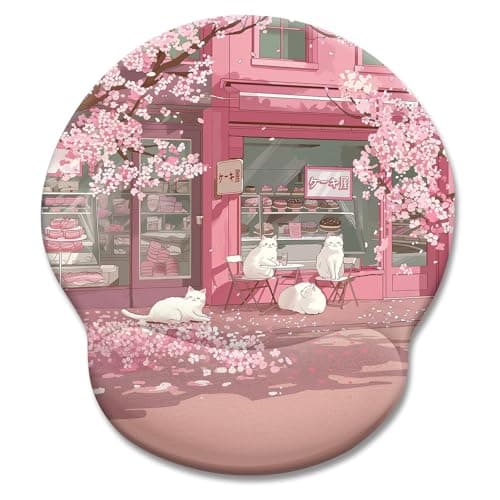 LIMKRIAN Cat Ergonomic Mouse Pad with Wrist Rest, Pink Cherry Blossom Computer Mouse Pad Wrist Support with Non-Slip Pain Relief PU Base, Cute Office Desk Decor Accessories Japanese Dessert House - Image 1