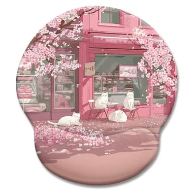 LIMKRIAN Cat Ergonomic Mouse Pad with Wrist Rest, Pink Cherry Blossom Computer Mouse Pad Wrist Support with Non-Slip Pain Relief PU Base, Cute Office Desk Decor Accessories Japanese Dessert House - Image 1