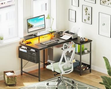 ODK 48 Inch Gaming Desk with USB Charging Ports and LED Lights, Reversible L Shaped Computer Desk with Storage Shelves & Monitor Stand, Corner Gamer Desk Table with Power Outlets, Black - Image 9