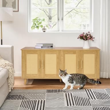 Homhedy Boho Cat Litter Box Enclosure for 2 Cats, Wooden Cat Washroom Furniture with Double Rattan Decorated Doors, Pet House,47.2”L x 19.7”W x 21.7”H, Natural - Image 7