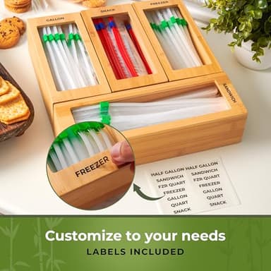 Storage Bag Organizer, Bamboo Baggie Organizer for Drawer, 4 Modular Blocks with Labels, Plastic Bag Storage Organizer, Quick Refill, Compatible with Gallon, Quart, Sandwich, Snack size bags - Image 5