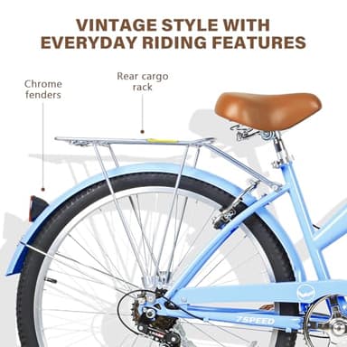WEIZE Beach Cruiser Bike, 26 inch Commuter Bicycle for Adult Men and Women, 7-Speed/High-Carbon Steel/Front & Rear Fenders, Comfortable City Bikes with Rear Rack&Basket, Ergonomic Upright Design, Blue - Image 6
