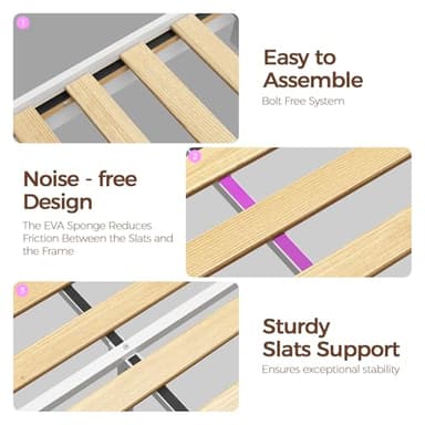 Rolanstar Bed Frame Twin Size with Charging Station, Bookcase Headboard Bed with LED Light and Sliding Doors, Platform Bed with Wooden Slats, No Box Spring Needed, Noise Free, White - Image 8