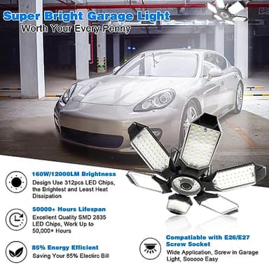 POLARPRA LED Garage Light - 160W Garage Light Bulb 64000LM 6500K Super Bright Garage Lighting w/ 6 Deformable Panels Screw in Shop Lights for Basement Workshop Warehouse Attic - 4Pack - Image 2