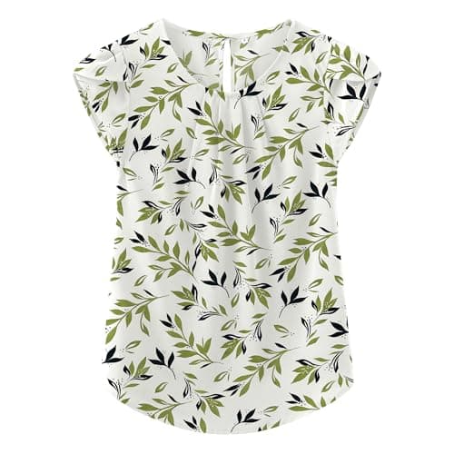 TASAMO Women Chiffon Blouse Round Neck Short Sleeve Top Shirts (Medium, FP Light Green 01) - Image 1