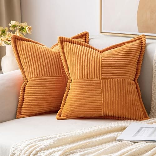 MIULEE Burnt Orange Fall Decorative Throw Pillow Covers for Couch Bed Livingroom 18x18 Inch Set of 2 Boho Accent Throw Pllows Broadside Striped Patchwork Soft Corduroy Pillowcases - Image 1