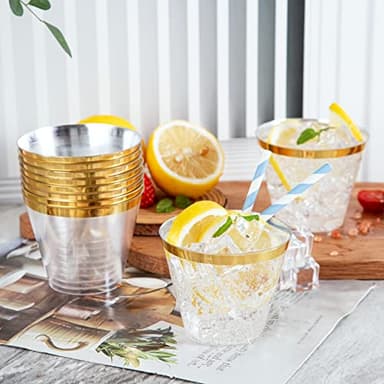 Ciaell 200PCS Gold Plastic Cups - 9Oz Heavy Duty Disposable Clear Plastic Cups with Gold Rim for Wine, Cocktail, Party & Wedding & Thanksgiving - Image 5