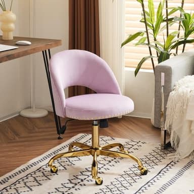 VINGLI Modern Velvet Small Office Chair,Cute Desk Chair With Wheels,Gold Base/Studs,Comfy Armless Swivel Vanity Task Chair For Women/Girl/Kids,Nail Tech Chair For Office,Small Space,Mauve Light Purple - Image 9