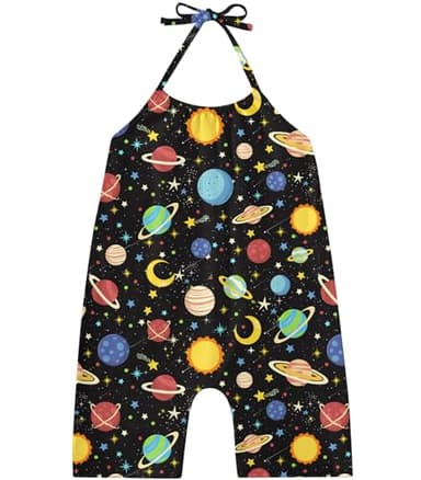 RAISEVERN Baby Girl Rompers Backless Slouch Jumpsuit Toddler Kid Galaxy Jumper Cute Harem Planet Summer Beach Black Cute Pants Halter Holiday Bodysuit Black, 2-3T