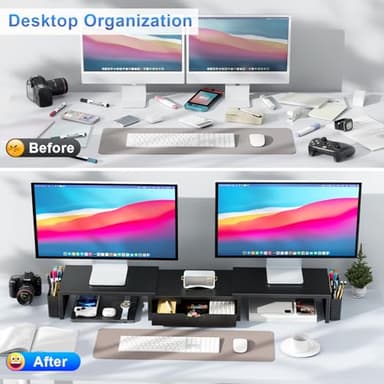 gianotter Dual Monitor Stand Riser, Desk Organizer With Drawer and 2 Pen Holders, Computer Monitor Stand, Shelf for Top of Desk, Black - Image 2