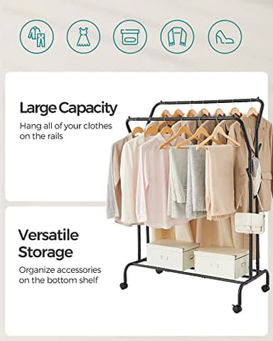 SONGMICS Clothes Rack, Double-Rod Clothing Rack for Hanging Clothes with Wheels, Garment Rack, Metal Frame, 220 lb Max. Total Load, 40.7 Inches Wide, Clothes Storage and Display, Black UHSR107B01 - Image 4