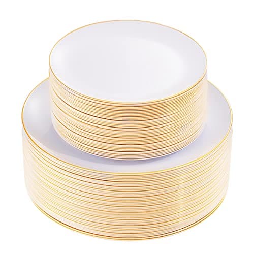 KIRE 100PCS Disposable Plates - White with Gold Rim for Thanksgiving Party/Wedding - Includes 50Pieces 10.25inch Dinner and 50Pieces 7.5inch Dessert/Salad Plates - Image 1