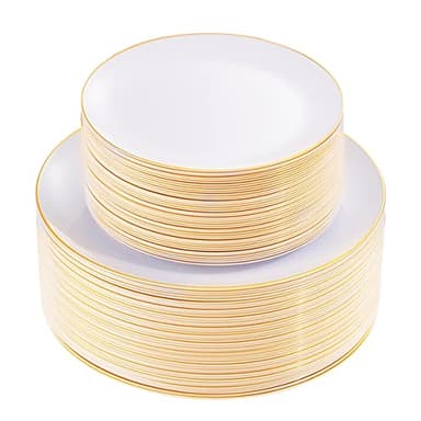 KIRE 100PCS Disposable Plates - White with Gold Rim for Thanksgiving Party/Wedding - Includes 50Pieces 10.25inch Dinner and 50Pieces 7.5inch Dessert/Salad Plates - Image 1