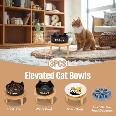 3PCS Elevated Cat Bowls,Wide Raised Ceramic Pet Dishes with Bamboo Stand, Whisker Friendly Pet Water or Food Plates Feeding Station for Indoor Small Dogs, Kitten (Black(3PCS)) - Image 7