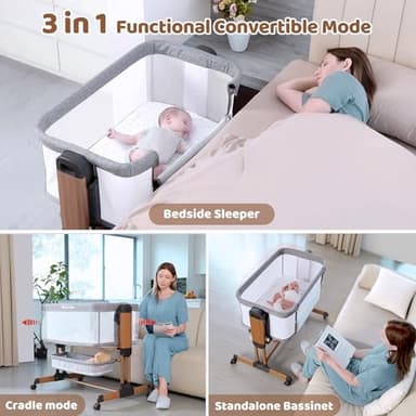Ezebaby 3-in-1 Baby Bassinet, Rocking Baby Bassinets Bedside Sleeper, Adjustable Portable Crib for Newborn Infant with Wheels Storage Basket and Mesh Sides - Image 2