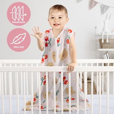 BSTOPPT 2 Pack Baby Sleep Sack 0-6 Months 100% Cotton Muslin Baby Sleeping Bag 2-Way Zipper Wearable Blankets (Flower & Cherry, Small) - Image 3