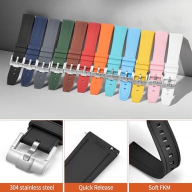ULLCHRO FKM Rubber Watch Strap 20mm 22mm Quick Release Fluororubber Band with Silver Buckle Soft Breathable Durable Rubber Sport Strap for Men Women Waterproof Silicone Replacement (20mm, Black) - Image 5