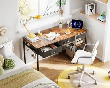 Coleshome Small Computer Desk with Drawers, 40 Inch Reversible Home Office Desk with Power Outlet, Study Laptop Vanity Table with Storage Shelves for Bedroom Small Space, Rustic Brown - Image 8