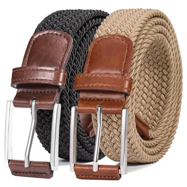 DENGFENGZHE Belt for Men, 1 3/8" Mens Gift Stretch Braided Web Belt Elastic for Casual Golf Jeans, 2 Pack (Black+Beige, 36" to 42" Waist Adjustable) - Image 1